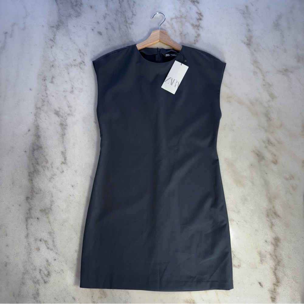 ZARA Dark Slate Grey Cap Sleeve Mini Dress Womens Medium Minimalist Career Chic